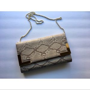 Clutch & strap on bag snake print gray nude color